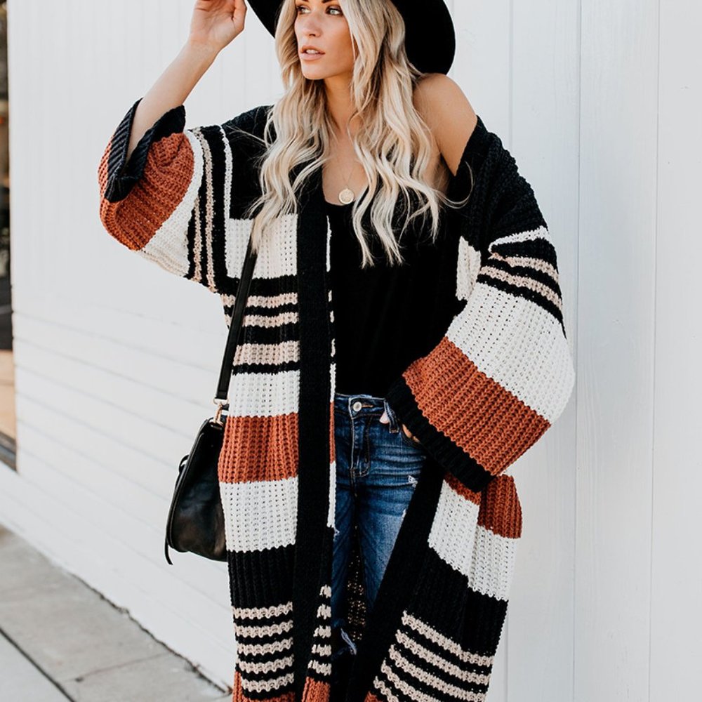 New Cozy Stripped Long Cardigan Sweater Coat - Picture 5 of 8